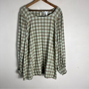 NWT Size 4X Ava & Viv Shirt Beige Green Long Sleeve Flannel Plaid Blouse Top